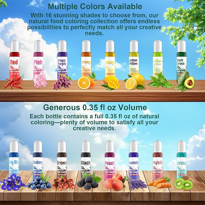 Natural Food Coloring - 16 Colors Dye Free Food Coloring, Liquid Plant Based Food Dye for Baking, Cake Decorating, Frosting, Fondant, Easter Eggs & Cookies, 10ml (0.35 Fl Oz)
