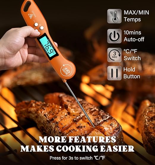 DOQAUS Digital Meat Thermometer, Instant Read Food Thermometer for Cooking with Backlit & Auto-Rotating Display, 4.6” Probe for Grilling, Baking, and Perfect BBQ - Orange