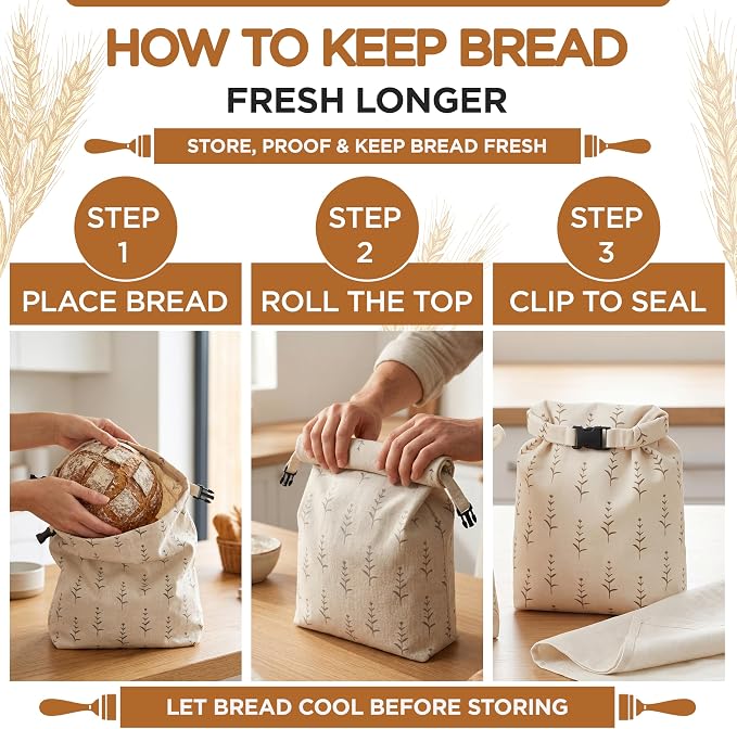 Pack of 2 XL Beeswax Bread Bags with 1 sordough Cloth, Zipper Reusable Cotton Linen Bread Bags for Homemade Bread Storage, Natural Beeswax Bread Bag, Freezer Safe Ecofriendly Bread Keeper