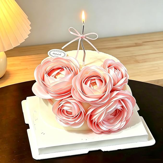60PCS/80PCS Wafer Paper Round Pieces 3D Spherical Cake Edges Rice Paper Swan Rose Flower Round Cupcake Decoration Inserts (60, Pink, small)