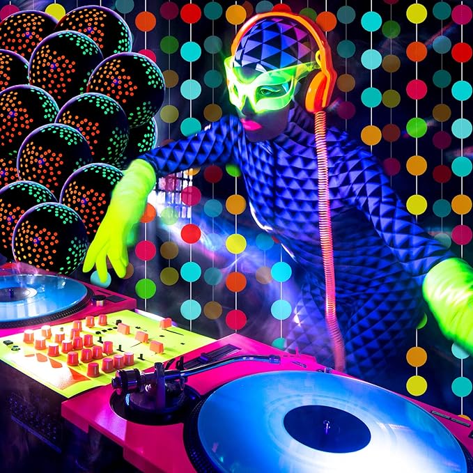 Skylety 32 Pcs Glow in The Dark Party Supplies Neon Party Favors with 25 Fluorescent Balloon 6 Rolls 98.4 ft UV Blacklight Luminous Tape 14.4 ft Neon Streamer Garland for Adults(Funny Dot)