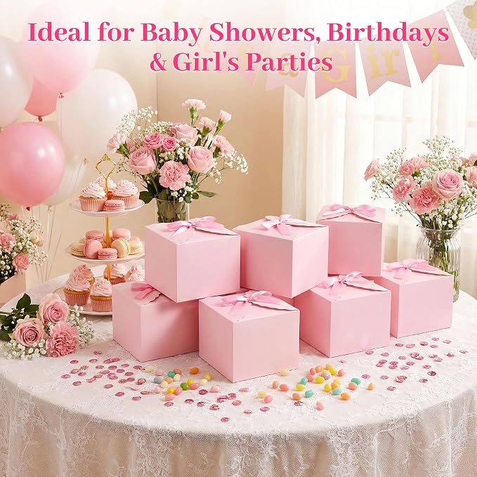 VGOODALL 10PCS Gift Boxes with Ribbon, Pink Candy Box with Ribbon Paper Treat Boxes for Wedding Cookie Chocolates Small Gifts