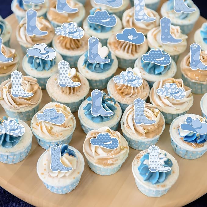 36PCS Edible Cowboy Cupcake Toppers Wafer Paper Blue Horse Boots Hat Cupcake Picks Edible Rodeo Cake Decorations for Western Horse Racing Theme Birthday Baby Shower Party Supplies