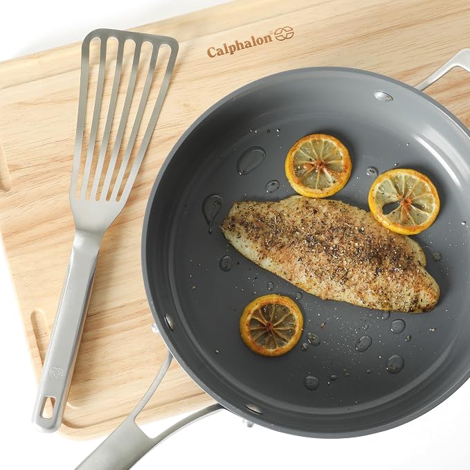 Calphalon Prime Slotted Spatula, Slotted Fish Turner, Stainless Steel Kitchen Flipping Spatula, Flexible Heavy-Gauge Heat Resistant for Seafood, Weighted Handle for Control