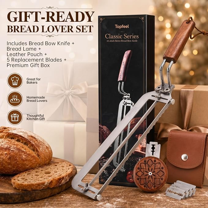 Adjustable Bread Bow Knife Sourdough Slice, 10.5 Inch Bread Cutter Set with Bread Lame, 5 Replacement Blades, Leather Pouch & Gift Box, Premium Bread Lover Gift for Bakers