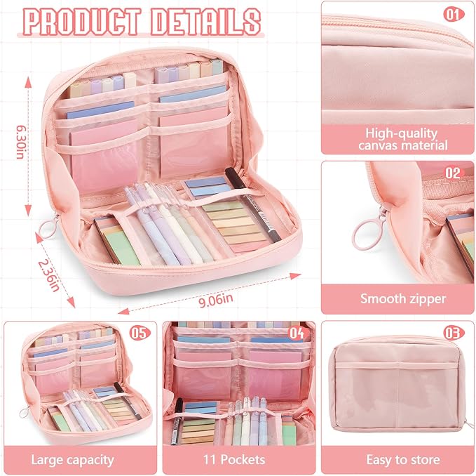 Jutom 39 Pcs Aesthetic Book Annotation Kit Highlighter with Case Bag Gel Pen Transparent Sticky Note Taking Bible Supplies(Pink,Kawaii Style)