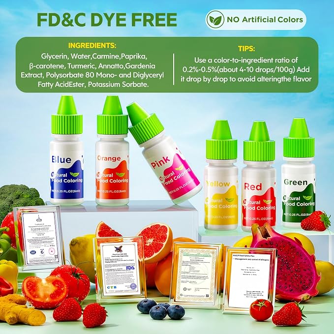 Natural Food Coloring - 6 Colors Dye Free Food Coloring, Strong Color Power, Gluten-Free, FD&C & Artificial Dye Free Formula for Baking, Icing and Cooking, Cakes, Cupcakes, Frosting，Easter Eggs & Holiday Treats