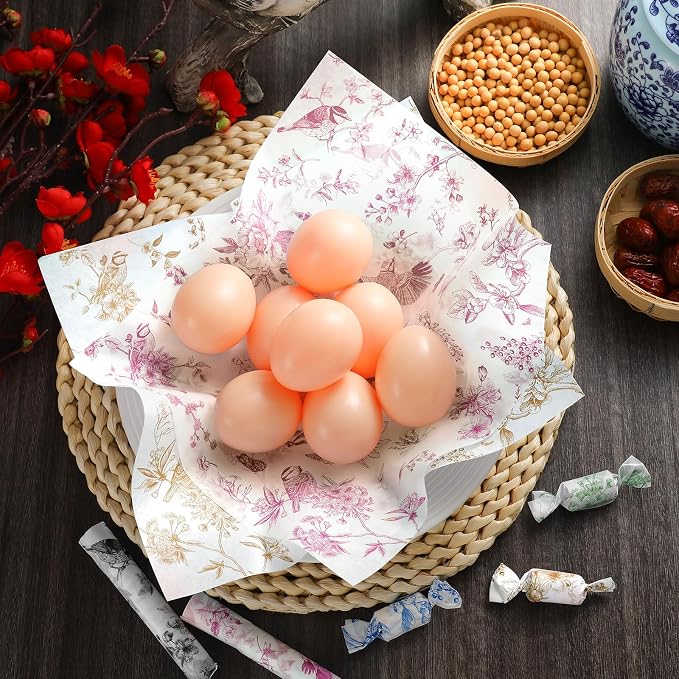 Feifeiya 200 Pcs Floral Wax Paper Sheet for Food Chinoiserie Bird Deli Paper Waterproof Sandwich Wrapping Greaseproof Food Basket Liners for Picnic Party Kitchen Supply, 9.8 x 8.7inch (Floral,Mixing)