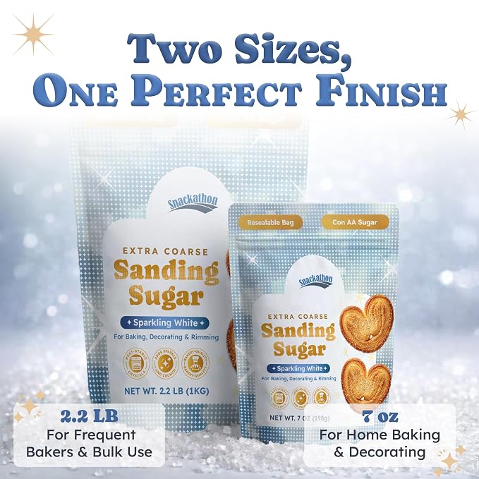 Snackathon Sanding Sugar, Extra Coarse White Sparkling Sugar Crystals, 7 oz Resealable Bag, Sweet Crunchy Edible Finishing Sugar for Baking & Decorating, Cupcakes, Cookies, Ice Cream & Drink