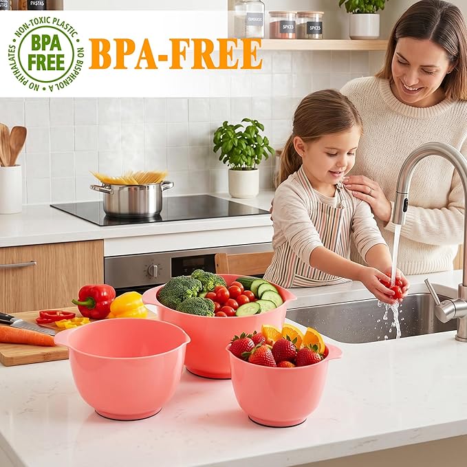 BoxedHome Nesting Plastic Mixing Bowl Set With Pour Spout, Microwave and Dishwasher Safe, BPA free Non-Slip Base, Set of 4 Size 1.7, 2.5, 3.5 and 4.5qt, Great for Prepping, Baking
