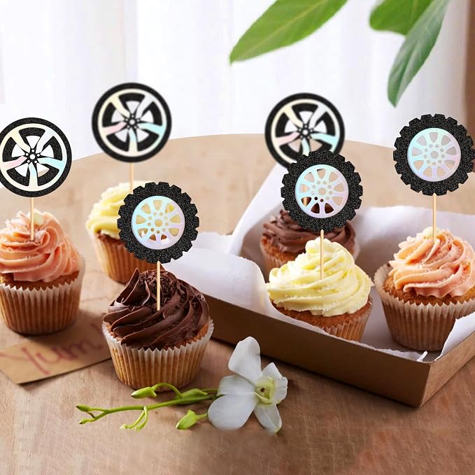 Ercadio 24Pcs Race Car's Wheels Cupcake Toppers Black Silver Wheels Car Tires Cupcake Picks for Racing Car Party Cake Decorations Baby Shower Kids Birthday Party Decoration Supplies