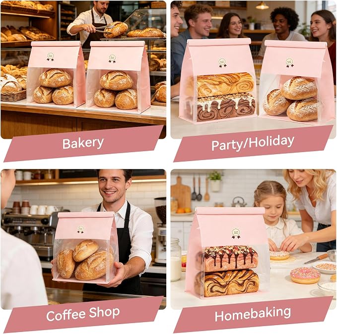 "Funcoo Paper Bread Bags with Tabs for Homemade Sourdough Bread, Pink Bakery Bread Bags with Window/Tin Tie Tab Lock, Large Bakery Loaf Bag for Baked Goods Packaging" (50, X-Large)