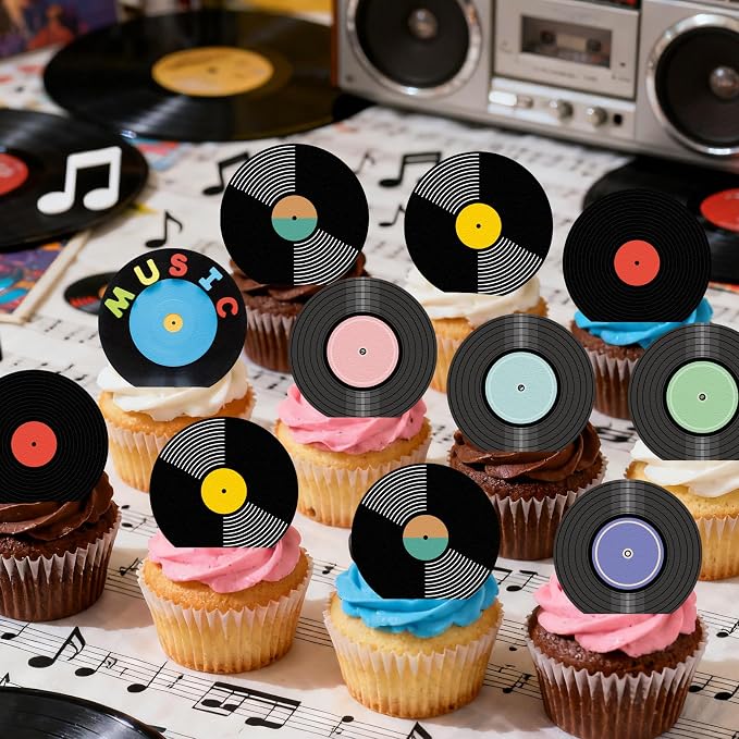 36PCS Edible Record Cupcake Toppers Wafer Paper Record CD Cupcake Picks Rock and Roll Party Decorations for Retro Vinyl Music Theme Birthday Baby Shower Supplies