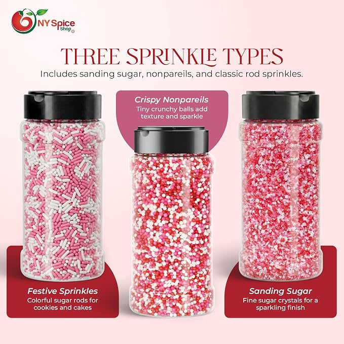 NY Spice Shop Sprinkles Nonpareils & Sanding Sugar - 12 Ounce Mix Red Pink White Sprinkles for Holiday Dessert Decoration - Baking Decoration for Cupcakes Cookies Cakes and Dessert Toppings