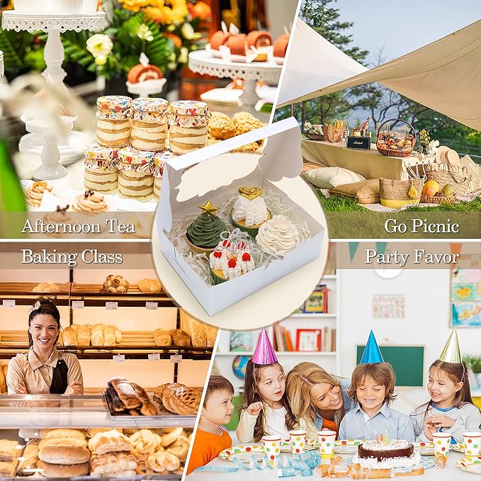 KPOSIYA 65 PCS 8x6x2.5 Inch Cookie Boxes with Window Silver Bakery Boxes Pastry Boxes for Gift Giving, Treat, Dessert, Cupcakes, Chocolate, Strawberries, Donuts, Muffins (5 Style Windows)