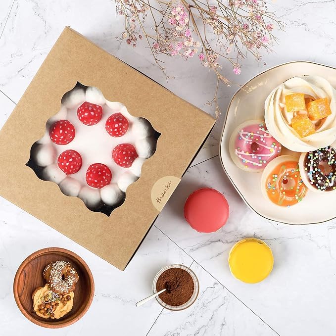 OAMCEG 100 PCS Bakery Boxes with Window and Stickers - 4x4x2.5 Inch Individual Cupcake, Pastry, Cookie, Small Cake Boxes - Carrier Holders & Containers for Mini Dessert Packaging