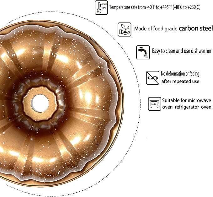Kundalini Classic Bakeware 9.5 Inch Non-stick Fluted Cake Pan,Heavy Duty Carbon Steel Tube Baking Mold Gold