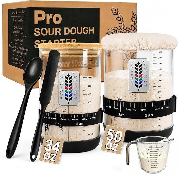 2 Pack Pro Sourdough Starter Jar Kit, 50oz & 34oz Wide Mouth | Large Glass Jars with Lid, Multi-Capacity Dough Storage, For Different Dough Volumes, Sourdough Bread Baking Supplies