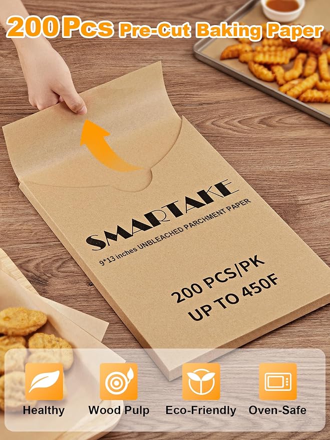 SMARTAKE 200 Pcs Parchment Paper Baking Sheets, 9x13 Inches Non-Stick Precut Baking Parchment, for Baking Grilling Steaming Bread Cup Cake Cookie and More (Unbleached)