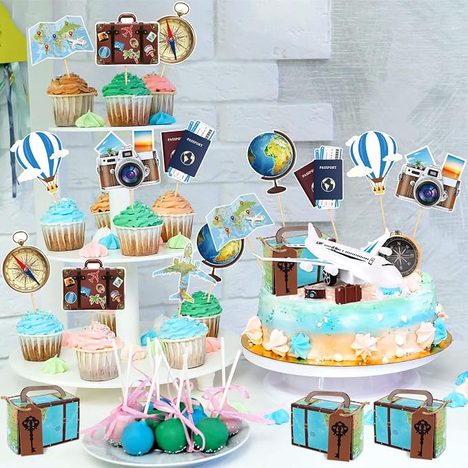 Hooqict 34 Pcs Travel Birthday Cake Topper with Mini Suitcase, Globe, Map, Airplane Cake Decorations for Travel Themed Party Decorations Let The Adventure Begin Around the World Party Supplies
