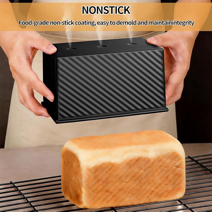 3 Pack Pullman Loaf Pan with Lids, Non-Stick Bread Loaf Pan, Heavy Duty Carbon Steel Corrugated Toast Box for Baking, Square Bread Pans for Homemade Sandwich, Bakeware (Black)