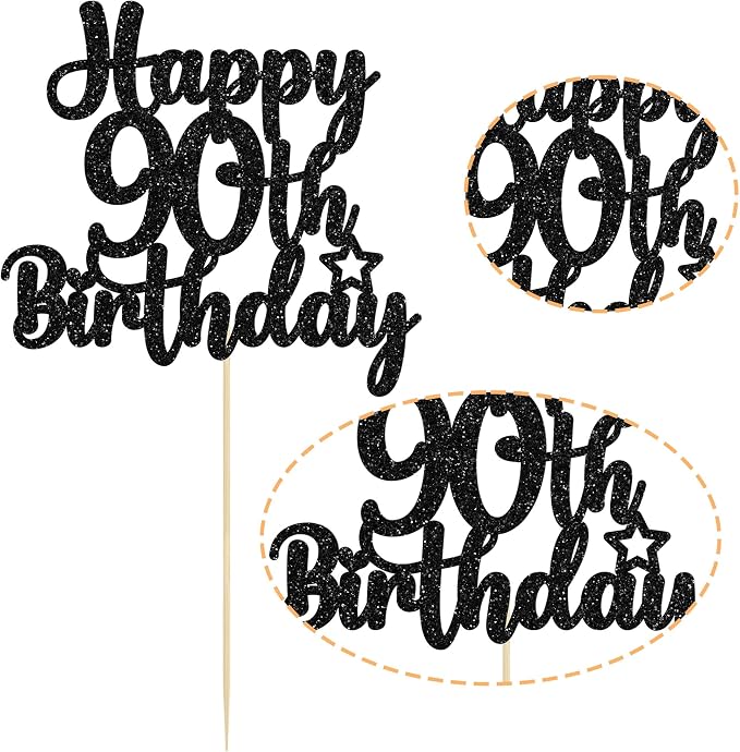Gyufise 1Pc Happy 90th Birthday Cake Topper Glitter 90 & Fabulous Cheers to 90 Years Old Birthday Cake Pick for Celebrating 90th Birthday Anniversary Party Cake Decorations Supplies Black