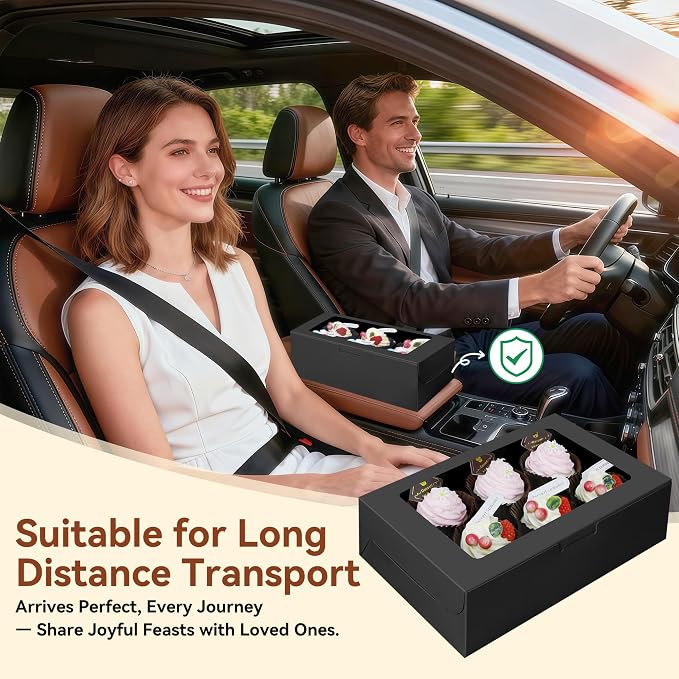10-Set Cupcake Boxes Bulk with Clear Display Window Hold 6 Standard Cupcakes, Disposable Food Grade Black Cupcake Carrier Cupcake Container, Perfect for Cupcakes Muffins Cookies Pastries