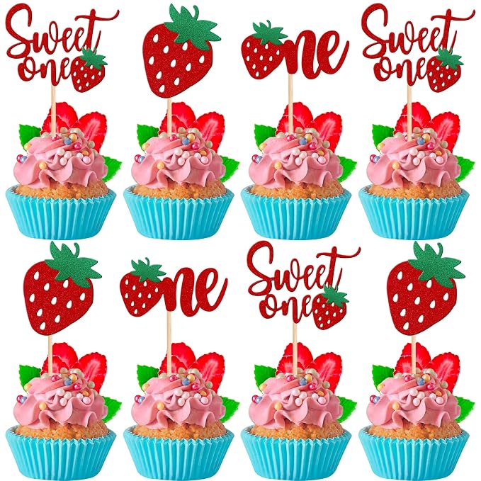 24 PCS Strawberry One Cupcake Toppers Glitter Sweet One First Birthday Strawberry Cupcake Picks for Fruit Theme Baby Shower Kids 1st Birthday Anniversary Party Cake Decorations Supplies Red