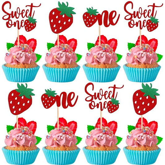 24 PCS Strawberry One Cupcake Toppers Glitter Sweet One First Birthday Strawberry Cupcake Picks for Fruit Theme Baby Shower Kids 1st Birthday Anniversary Party Cake Decorations Supplies Red