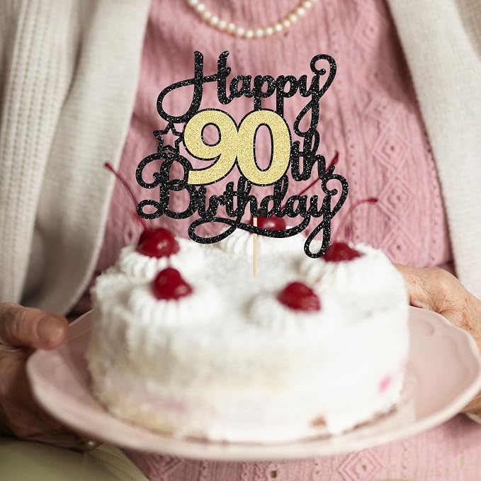 1Pc Happy 90th Birthday Cake Topper Black Gold Glitter Cheers to 90 Years Birthday Cake Pick 90 Fabulous Cake Decoration for Happy 90th Birthday Anniversary Party Cake Decorations Supplies
