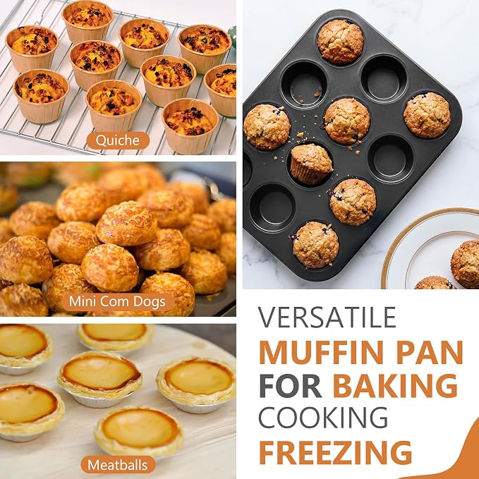 Domensi 4 Pcs Muffin Pan 12 Cup Carbon Steel Cupcake Baking Pan Nonstick Tin Tray for Standard Muffins, Brownie, Tart, Quiche, Heavy Duty Bakeware Set, Oven & Dishwasher Safe