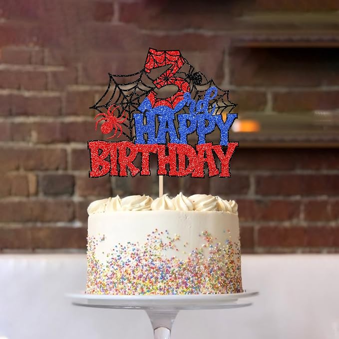 1 PCS Happy 3rd Birthday Cake Topper Glitter Spider Web Cheers to 3 Years Third Birthday Cake Pick Superhero Spider Party Decorations for Boys Girls Happy 3rd Birthday Party Cake Decorations Supplies