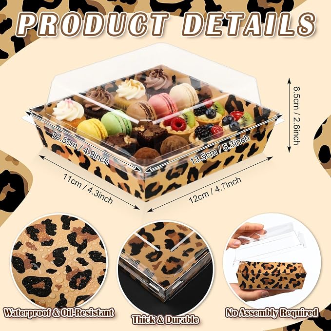 Potchen 50 Pack Bakery Boxes with Clear Lids, Disposable Charcuterie Treat Boxes for Cookies, Donuts, Cupcakes, Candy and Mini Cakes, Party Favor for Wedding and Gift Giving(Leopard Print)