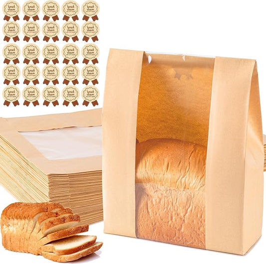 Paper Bread Bags 25PCS, Sourdough Bread Bags for Homemade Bread, Large Bakery Bags with Window Includes 25PCS Label Seal Stickers for Homemade Bread Storage(13.7x8.3x3.5 inch)