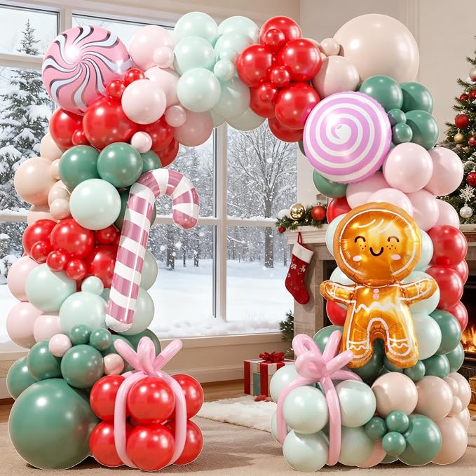 Christmas Balloon Arch Kit, Red Green Macaron Orange Pink Balloons with Lollipop Candy Cane Gingerbread Man Foil Balloons for Xmas Holiday Winter Birthday New Year Party Decorations