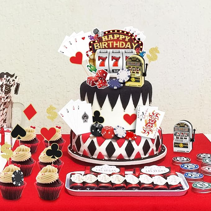 24 Pieces Casino Cake Topper Set with Mini Toy Slot Machine Poker Casino Cupcake Toppers for Casino Game Night Birthday Party Decorations Supplies