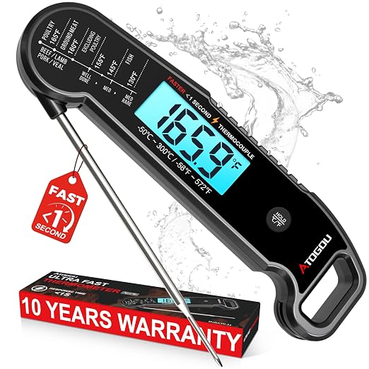 Atogou Professional Meat Thermometer Digital for Cooking Food, <1 Sec Instant Read & ±0.5℉ Accuracy, IP67 Waterproof, Thermocouple Sensor Probe, for Kithchen, BBQ, Grill, for Men Him Dad, Black