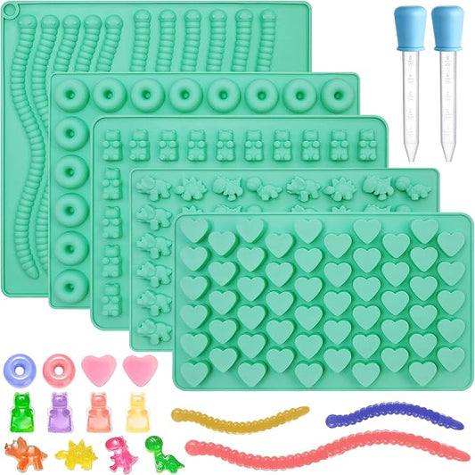 Zorazio 7Pcs Gummy Bear Molds Silicone, Nonstick Gummy Chocolate Candy Worm Molds with 2 Droppers for Convenient Filling, Includes Bear, Worm, Dinosaur, Donut and Heart, 218Cavity