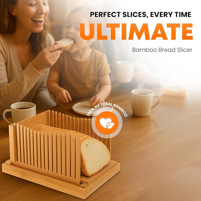 Bread Slicer for Homemade Bread, Foldable Bamboo Bread Cutter with Adjustable Thickness, Crumb Catcher Tray, and Non Slip Base – Sourdough & Loaf Slicer for Bakers