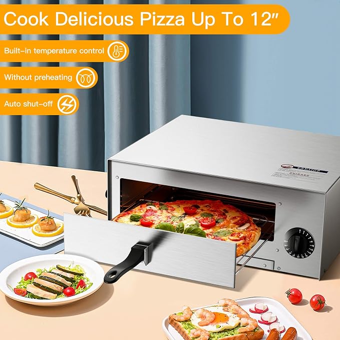 Giantex Electric Pizza Oven Indoor, Stainless Countertop Pizza Maker with Timer, Removable Crumb Tray for Commercial and Home Use, Fits 12" Pizzas