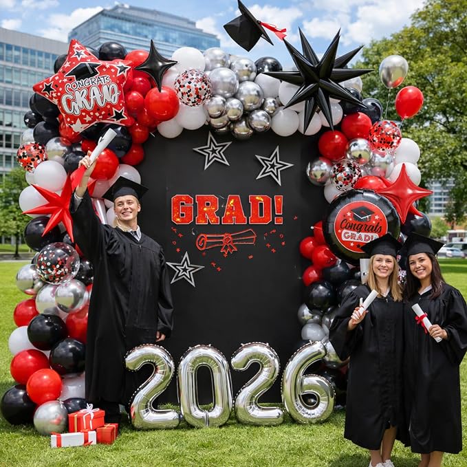 Red Black Graduation Balloon Arch Kit 2026 Graduation Decorations, Silver Number 2026 Balloons with Explosion Star Round Congrats Grad Foil Balloon for College High School Class of 2026 Grad Party