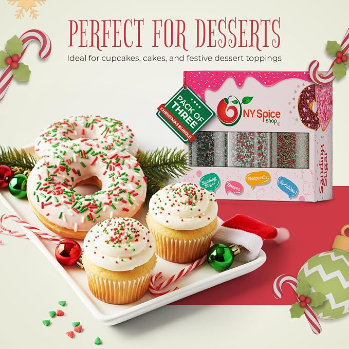 NY Spice Shop Sprinkles Nonpareils & Sanding Sugar – Red Green White Nonpareils & Sprinkle - Edible Christmas Festive Cooking Decor Sprinkle - Candy Cane Sprinkles for Baking and Dessert Toppings
