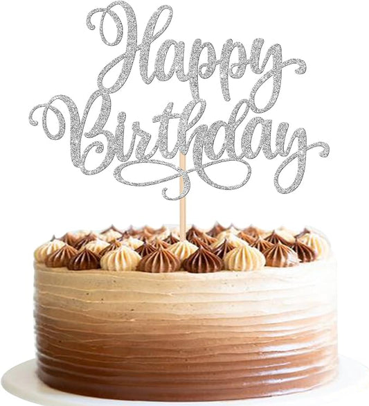ZHUOWEISM 1 PCS Happy Birthday Cake Topper Glitter Happy Birthday Cake Pick for Celebrating Happy Birthday Anniversary Party Cake Decorations Supplies Silver