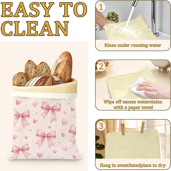 2 Pack Reusable Beeswax Pink Bow Bread Bags, Sourdough Bread Sweet Hearts Storage for Homemade, Freezer Storage Bag to Keep Fresh, Baguette Bag with Beeswax Liner Kitchen Baking