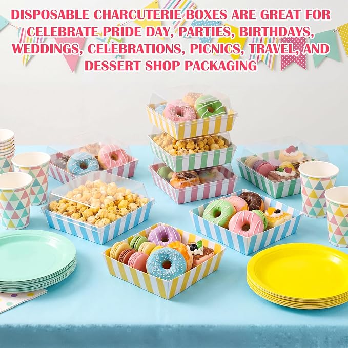 Vesici 200 Pcs 5 Inch Small Charcuterie Boxes with Clear Lids Cake Slice Containers Striped Paper Bakery Boxes Disposable Food Containers for Dessert Cookie Sandwich Mini Cake Strawberry