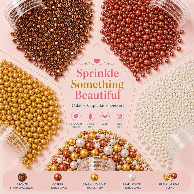 Confect Sprinkle Mix – Edible Gold, Bronze & White Sugar Pearls with Copper Sparkling Sugar –Great Gatsby Disco Ball- Elegant Cake, Cupcake & Cookie Decorating Sprinkles –Vegan, Gluten-Free, Nut-Free, Soy-Free, Dairy-Free, Palm Oil-Free, Dye Free- 5 Oz