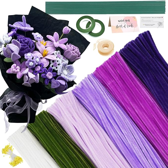 AHAMETON 620Pcs Purple Pipe Cleaner Flower Kit, 6 Colors Bulk Pipe Cleaners Craft Supplies with Wires, Stamens, Ribbon, Tapes, Card, DIY Flower Making for Gifts Home Decoration, Party & School Crafts