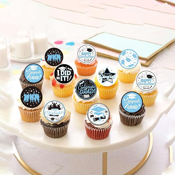 63 PCS Edible 2026 Graduation Cupcake Toppers Wafer Paper Class of 2026 Cake Decorations Edible Diploma Congrats Grad Cap Cupcake Picks for 2026 Colleage Graduation Theme Party Supplies Light Blue