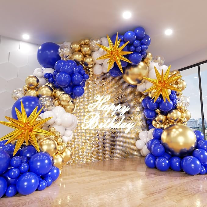 Blue and Gold Balloon Arch Kit, Explosion Star Royal Dark Blue and Metallic Gold White Balloons 22 18 12 10 5 Inch Different Size Balloons for Anniversary Wedding New Year Birthday Decorations