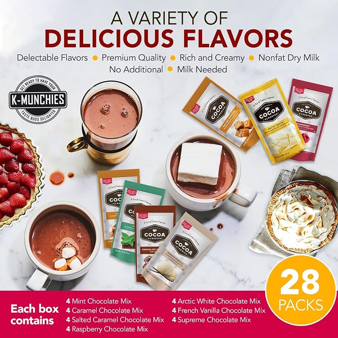 Cocoa Classics Hot Chocolate Mix - 28 (1.25 oz) Assorted Hot Cocoa Packets - 7 New Classic Flavors - Rich Creamy Flavors - Gift Sets by K-Munchies